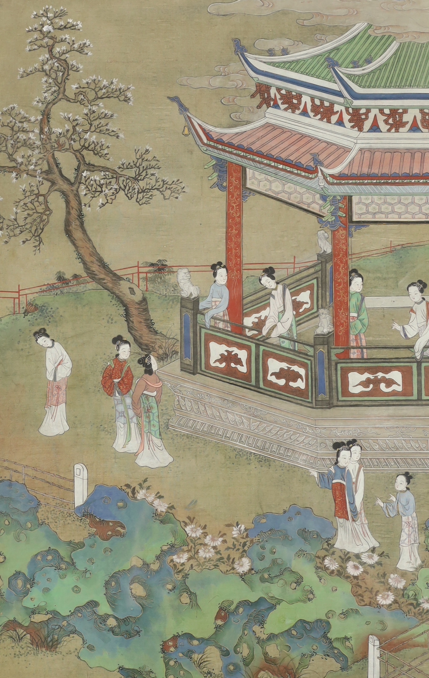 A Chinese painting on silk of ladies in a pavilion garden, c.1800